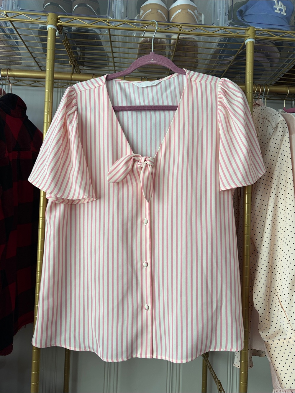 Rockabilly Pink and White Striped Tie-Neck Women's Blouse